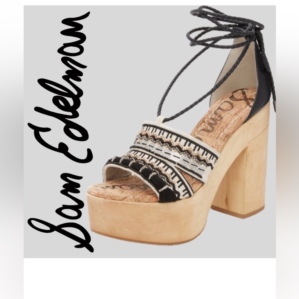Sam Edelman Mel Embroidered Wooden Platform Sandals